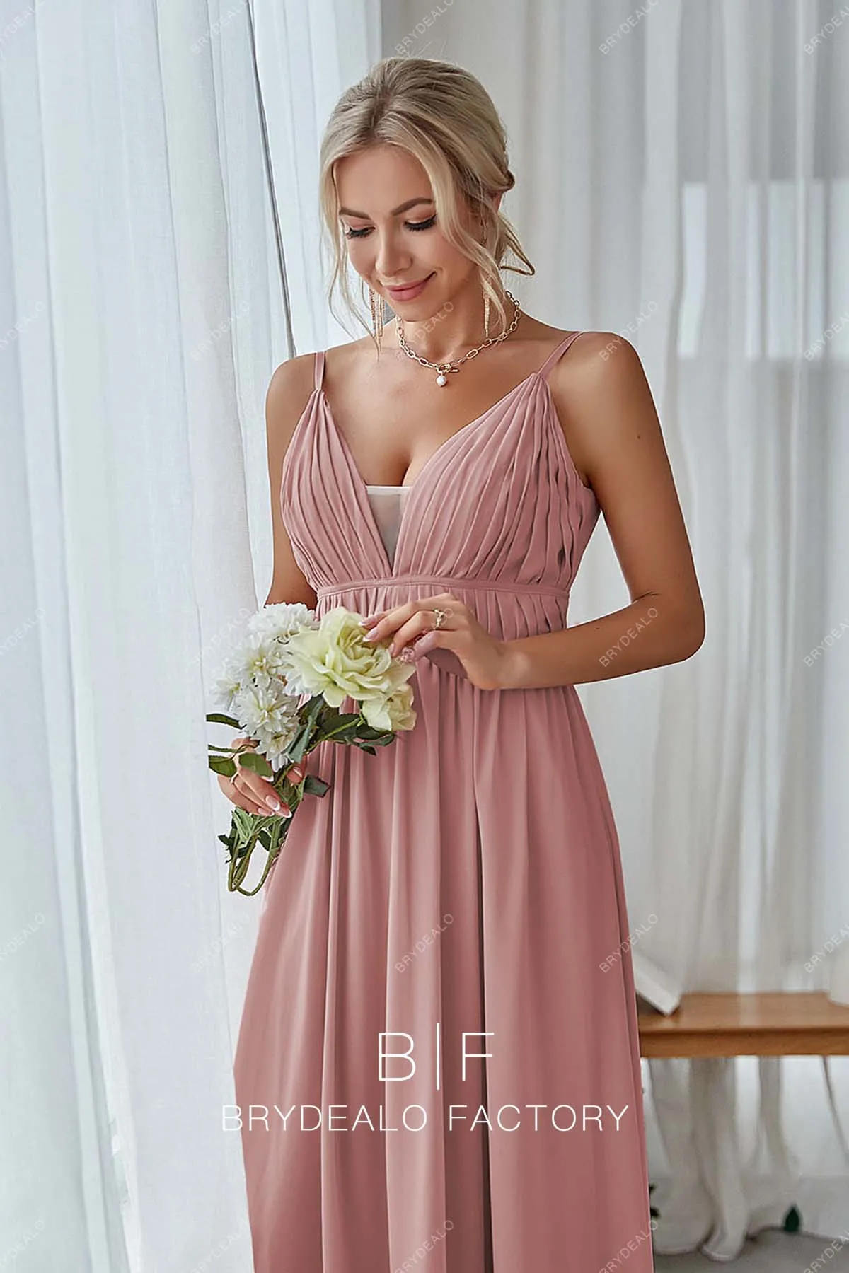 Dusty Rose Thin Straps Pleated Plunging A-line Chiffon Bridesmaid Dress