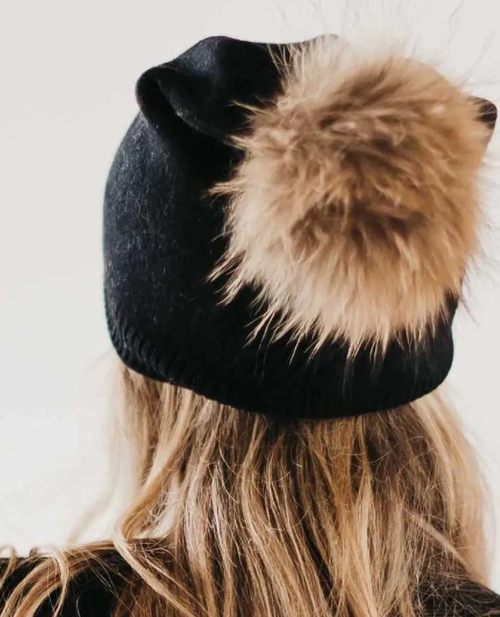 Fine Knit Angora Fur Pom Slouchy Beanie Black