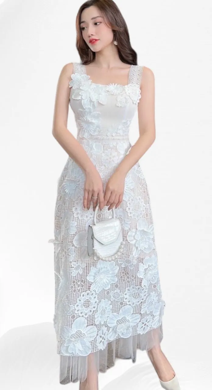 Floral Guipure Sleeveless Lace Dress