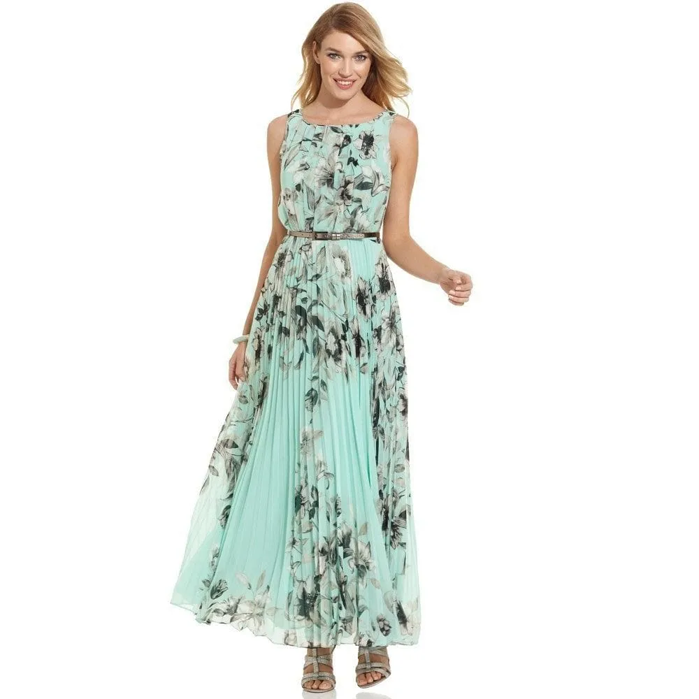 Floral Print Pleated Chiffon Maxi Dress