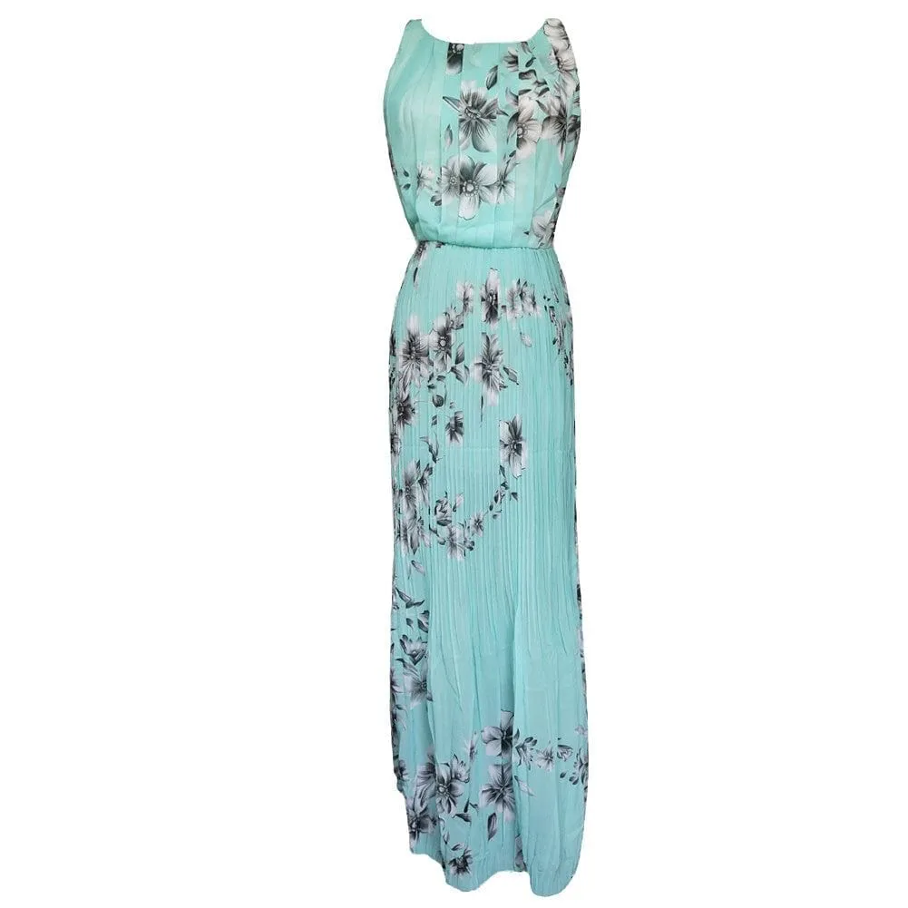 Floral Print Pleated Chiffon Maxi Dress