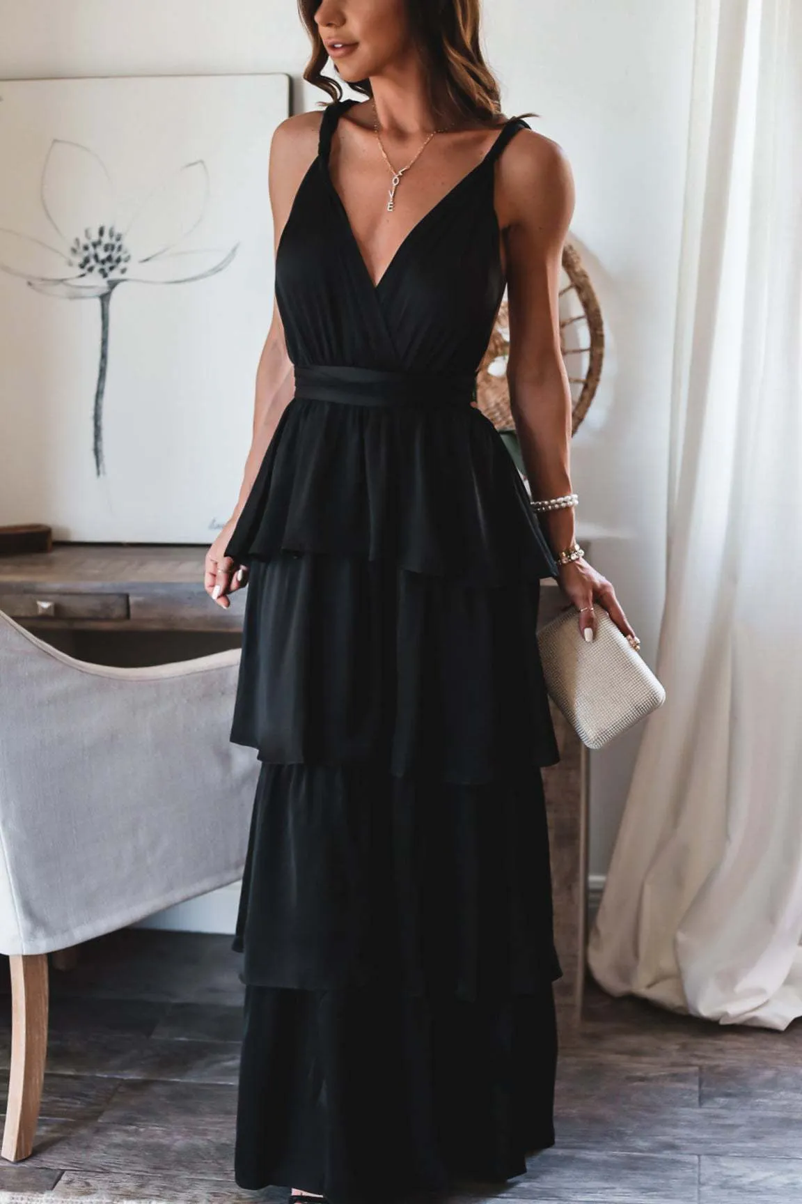 Formal Introduction Ruffle Tiered Maxi Dress - Black