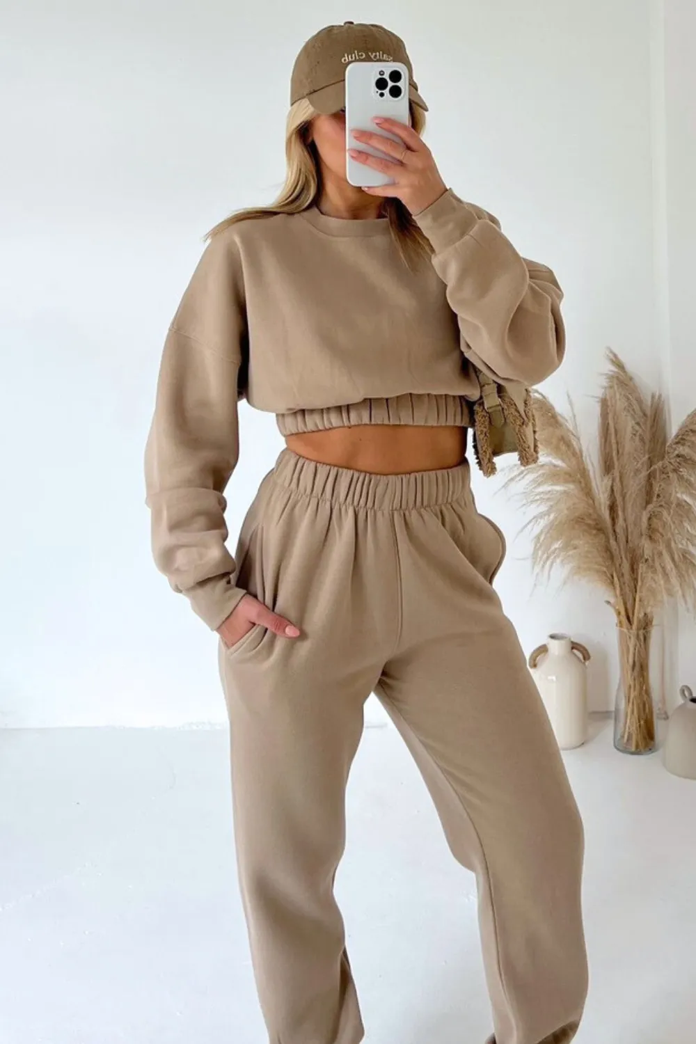 Gracie beige cropped sweater jogger loungewear set