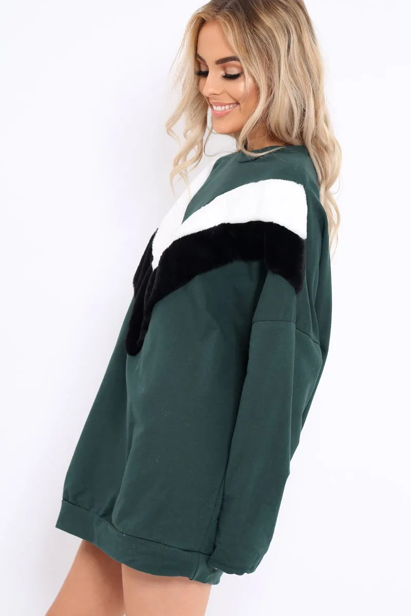 Green with White and Black Chevron Fur Jumper Dress- Lula