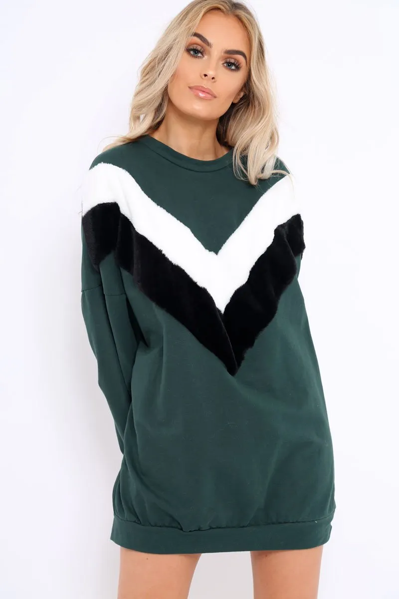 Green with White and Black Chevron Fur Jumper Dress- Lula