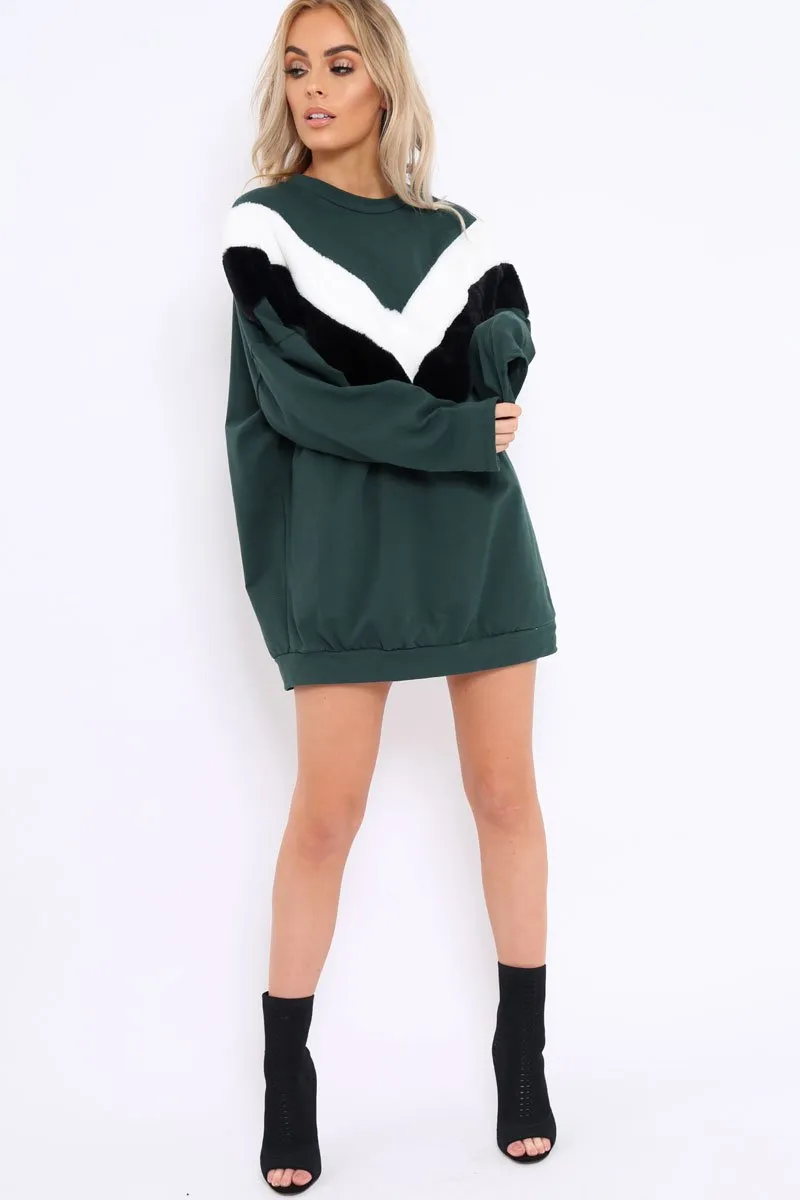 Green with White and Black Chevron Fur Jumper Dress- Lula