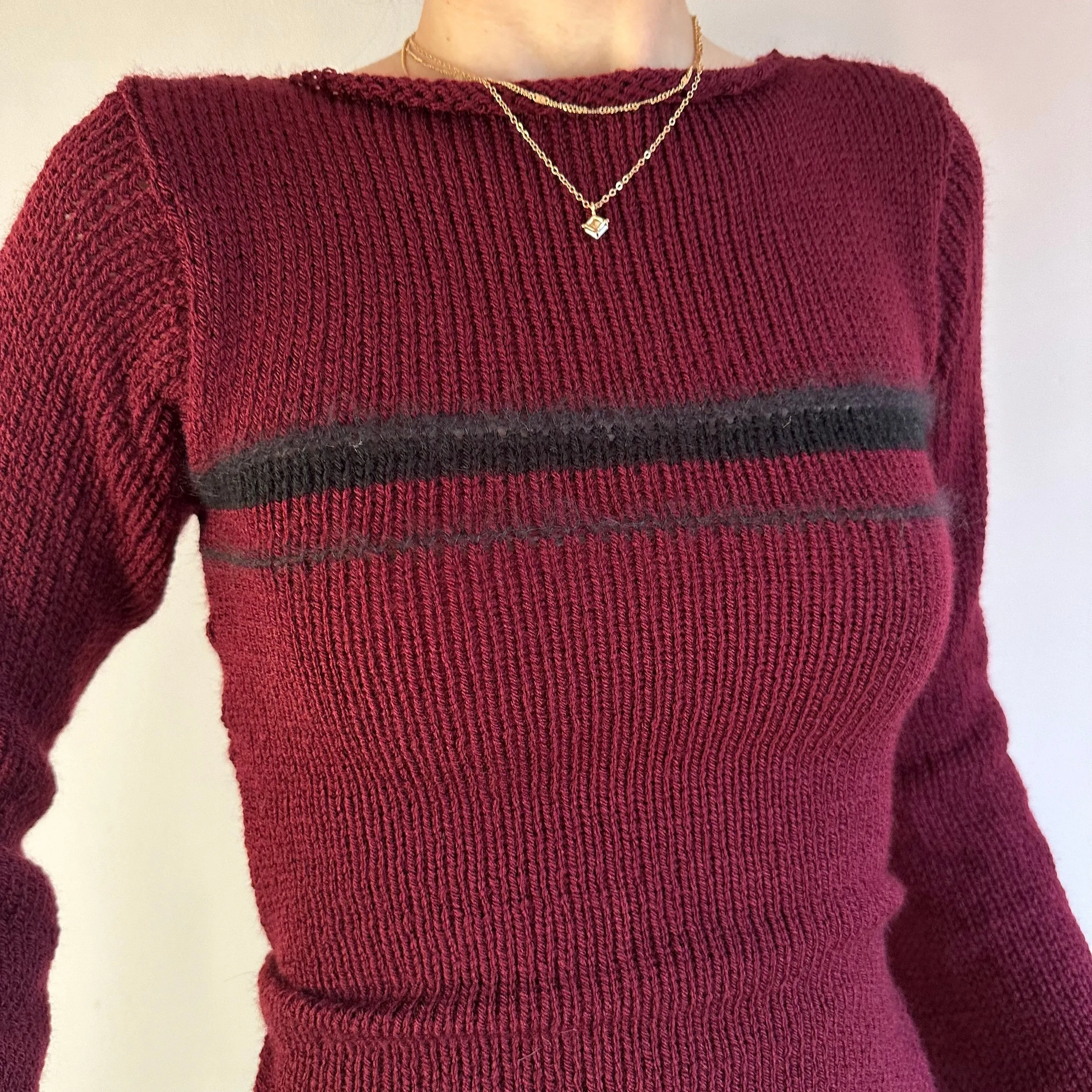 Handmade burgundy and black striped bow tie up knit jumper