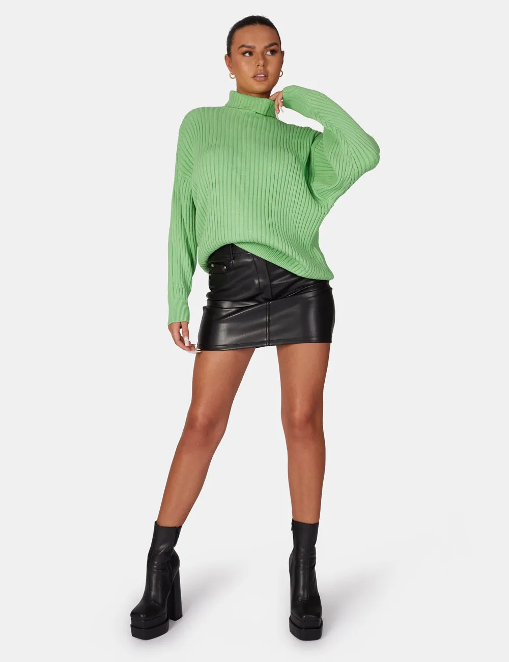 High Neck Constrast Stitch Ribbed Knitted Oversized Jumper Green