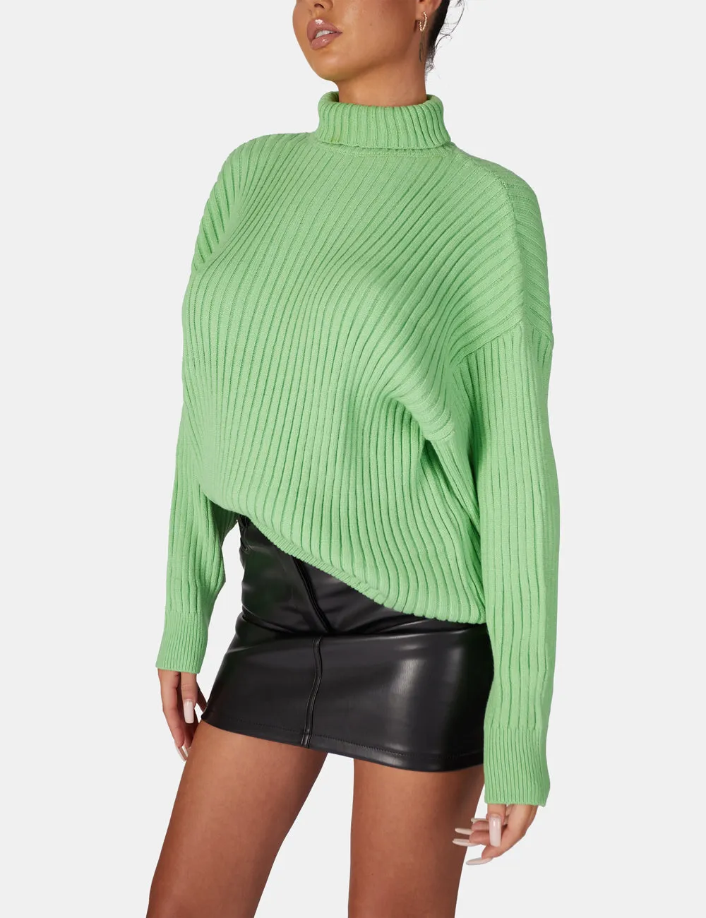 High Neck Constrast Stitch Ribbed Knitted Oversized Jumper Green