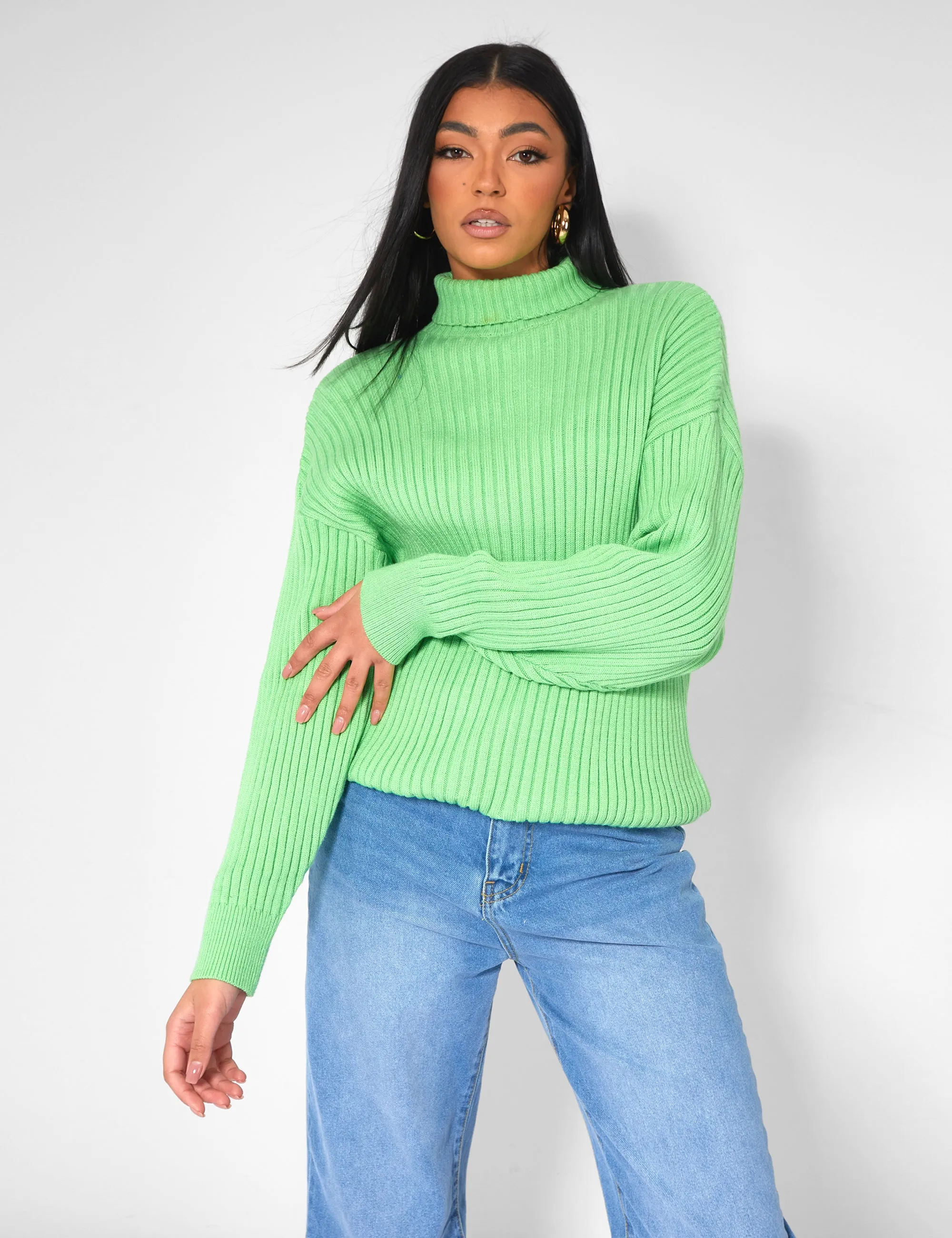 High Neck Constrast Stitch Ribbed Knitted Oversized Jumper Green