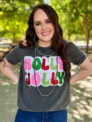 Holly Jolly in Glitter on Black Mineral Wash Short Sleeve Tee by Texas True Threads