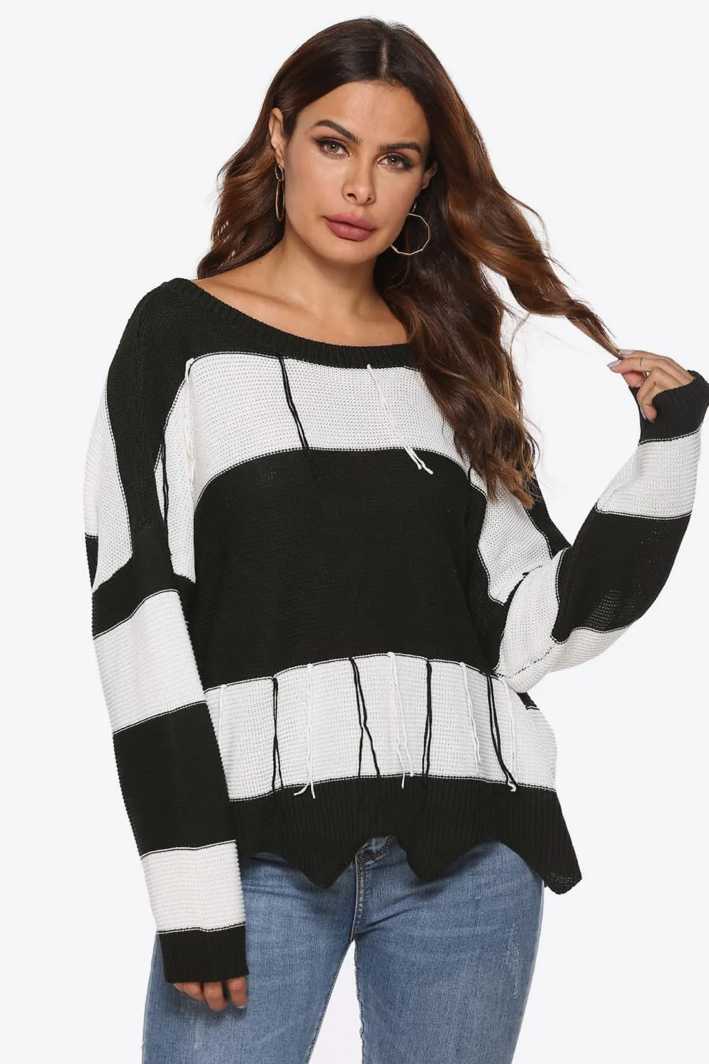 Hot Girl Black & White Striped Backless Distressed Sweater