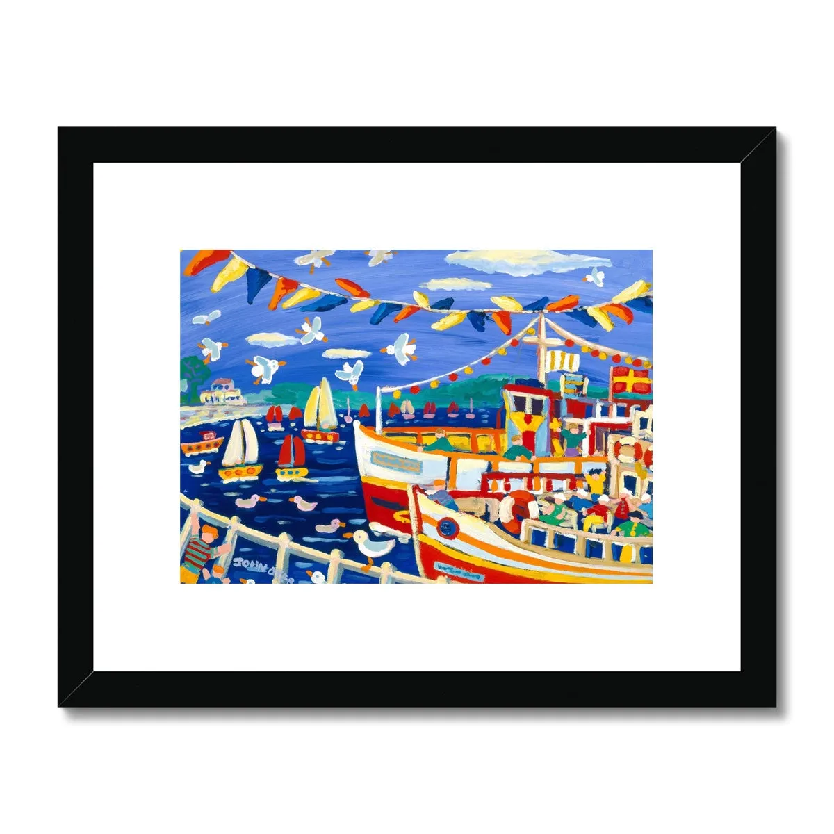 John Dyer Framed Open Edition Cornish Fine Art Print. 'Beanie Hats and Pleasure Boats, Falmouth'. Cornwall Art Gallery