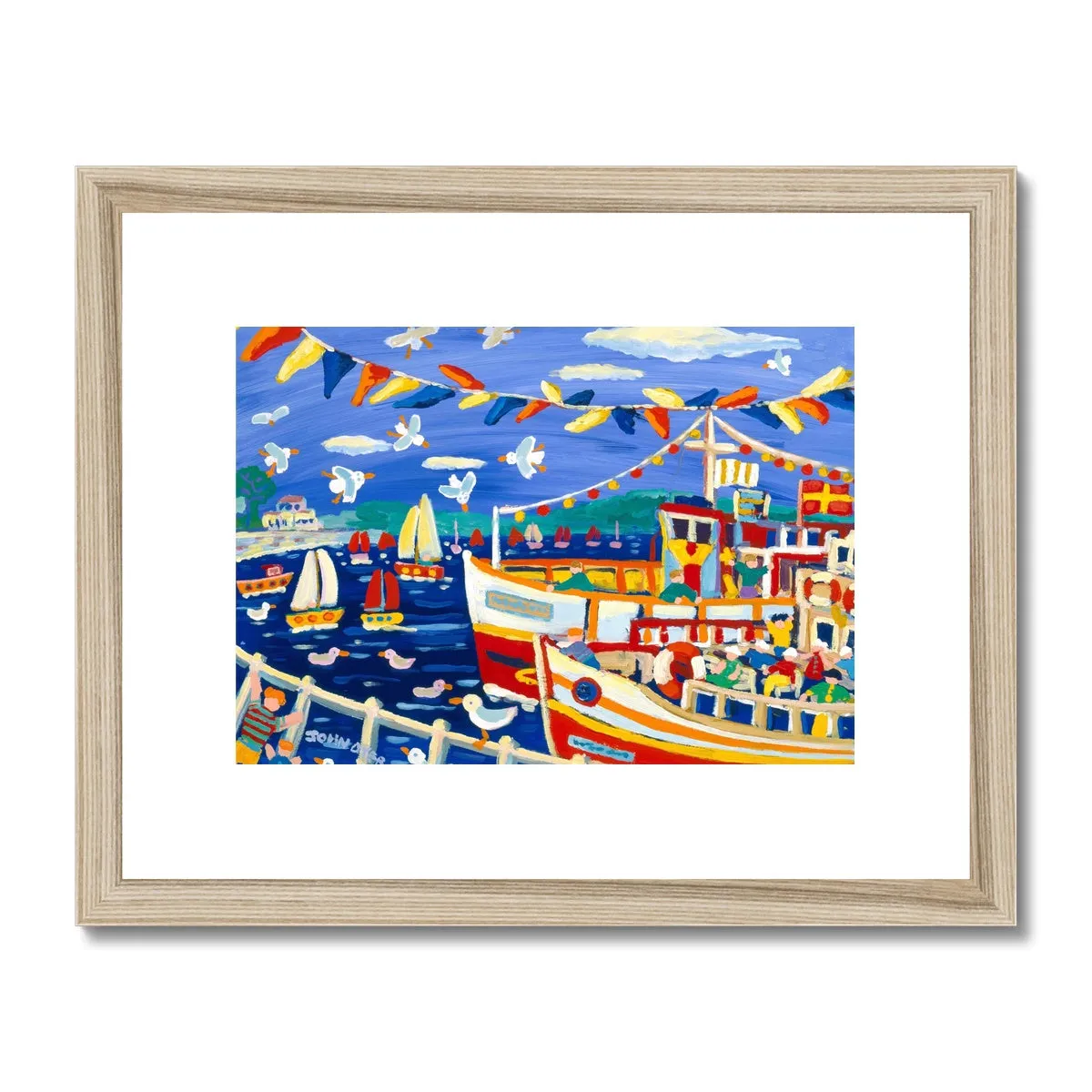 John Dyer Framed Open Edition Cornish Fine Art Print. 'Beanie Hats and Pleasure Boats, Falmouth'. Cornwall Art Gallery