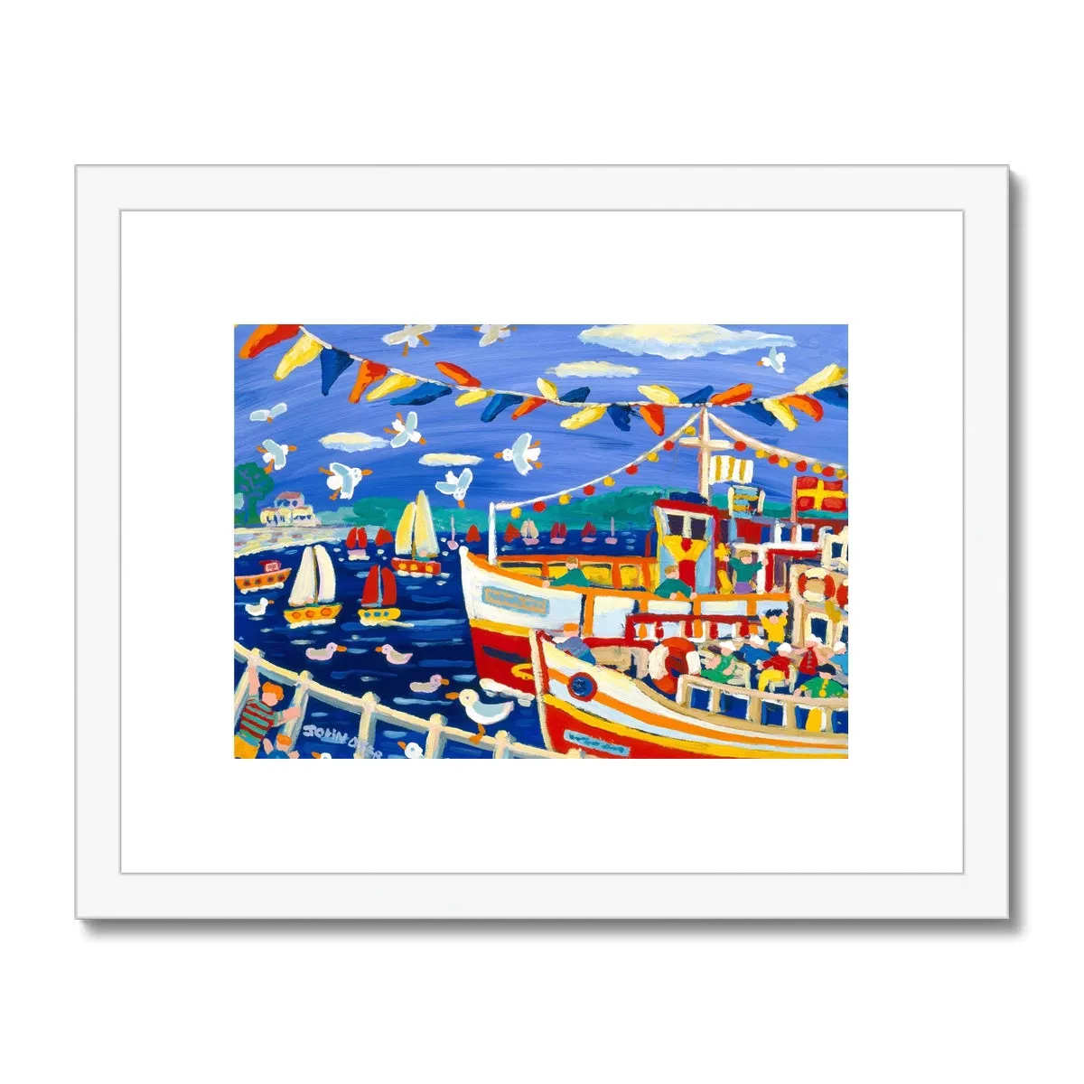 John Dyer Framed Open Edition Cornish Fine Art Print. 'Beanie Hats and Pleasure Boats, Falmouth'. Cornwall Art Gallery