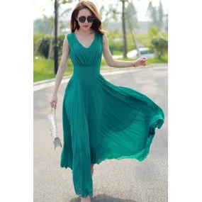 Ketty More Women Chiffon Long Pleated Skirt Gown Dress Green-KMWD320