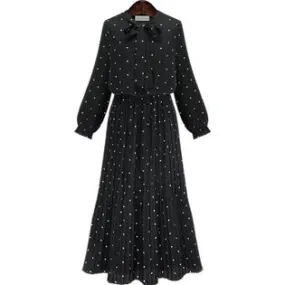 Ketty More Women Tie Bow Dot Printed Long Sleeve Chiffon Dress-KMWDC14795