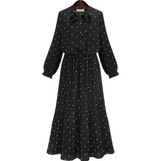 Ketty More Women Tie Bow Dot Printed Long Sleeve Chiffon Dress-KMWDC14795