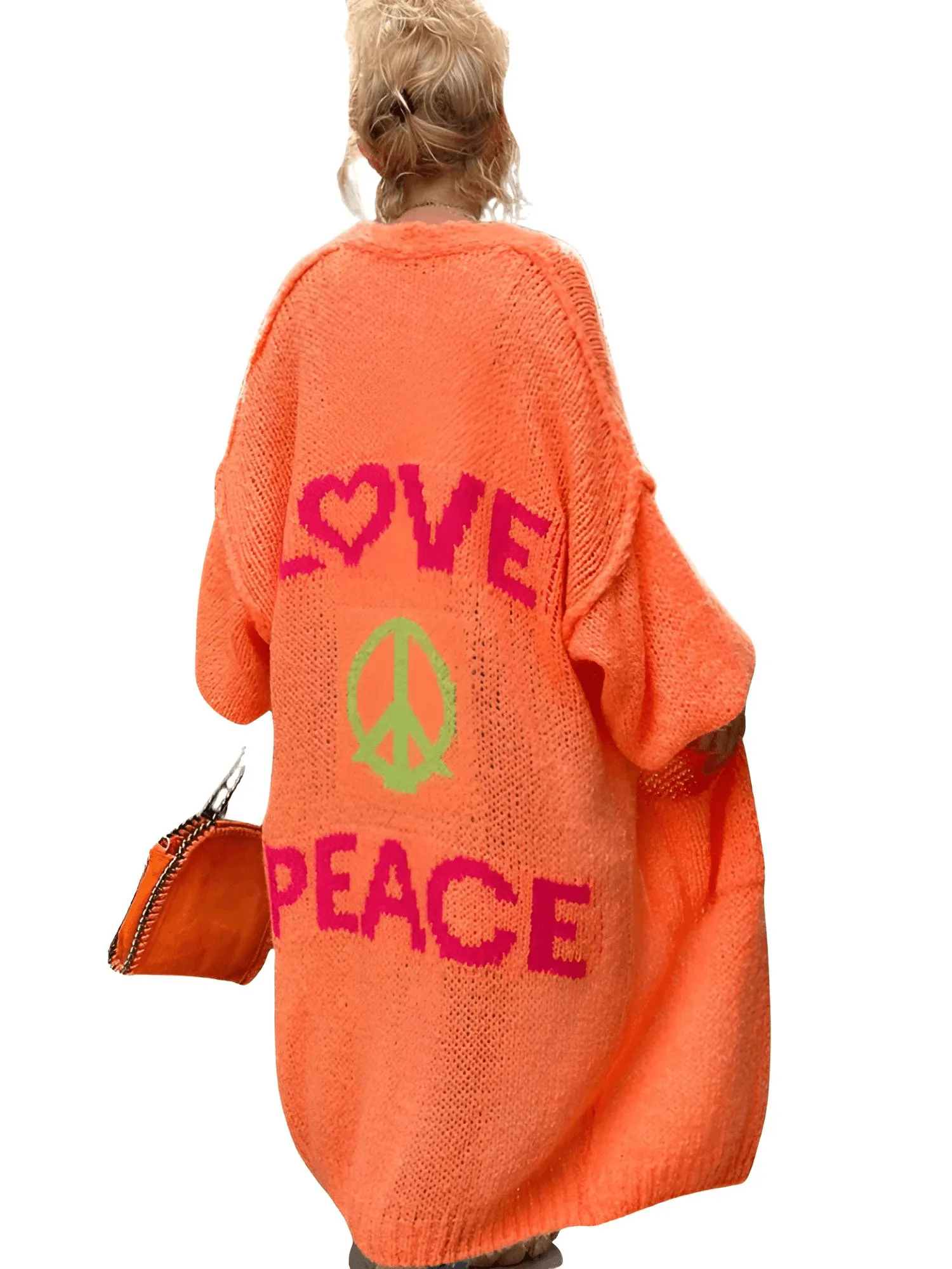 Knitted Cardigan Women's Love Peace Cardigan Loose Long Outerwear Y2K Sweater Coat Soft Cover Up Fashion Streetwear