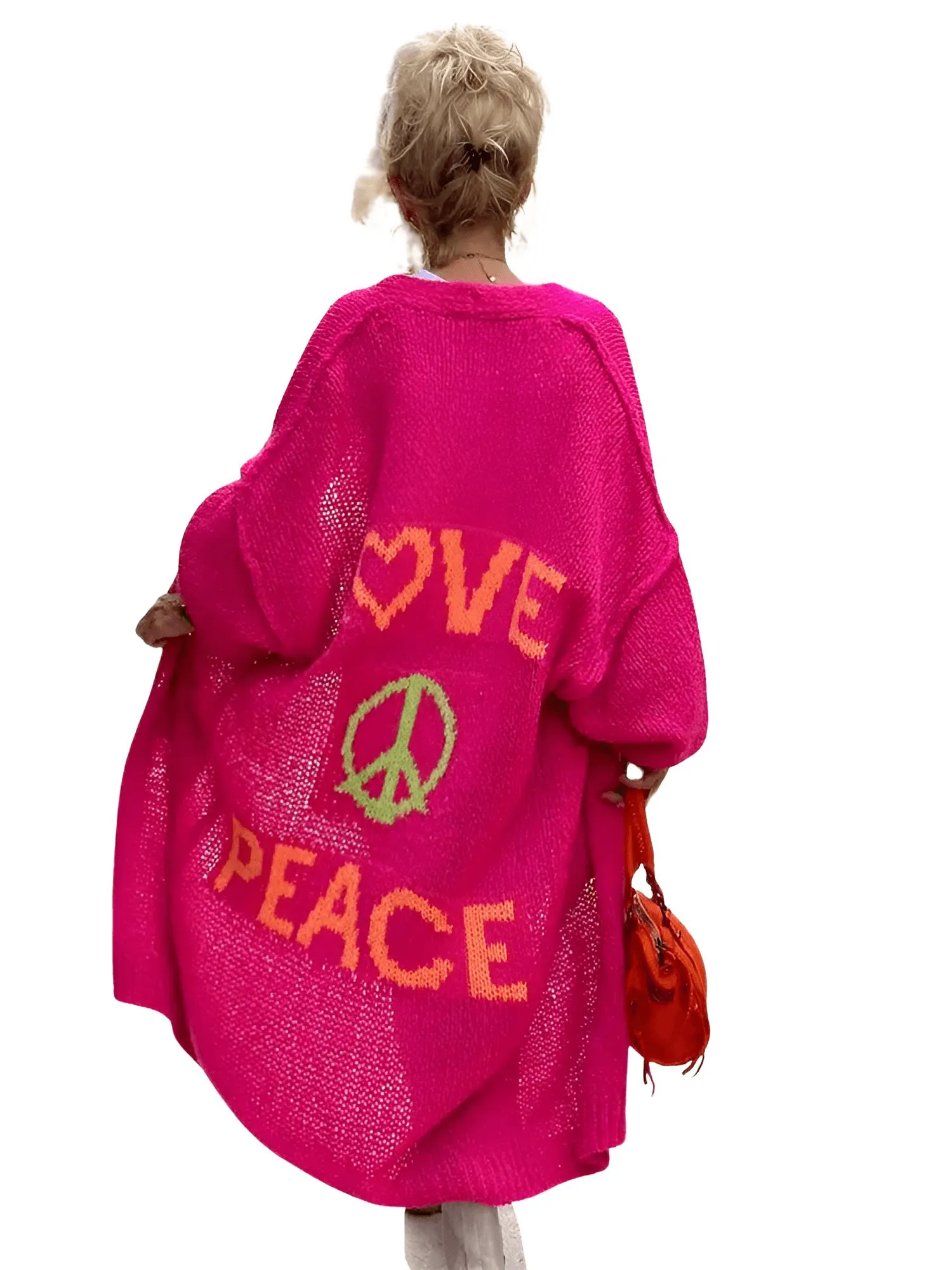 Knitted Cardigan Women's Love Peace Cardigan Loose Long Outerwear Y2K Sweater Coat Soft Cover Up Fashion Streetwear