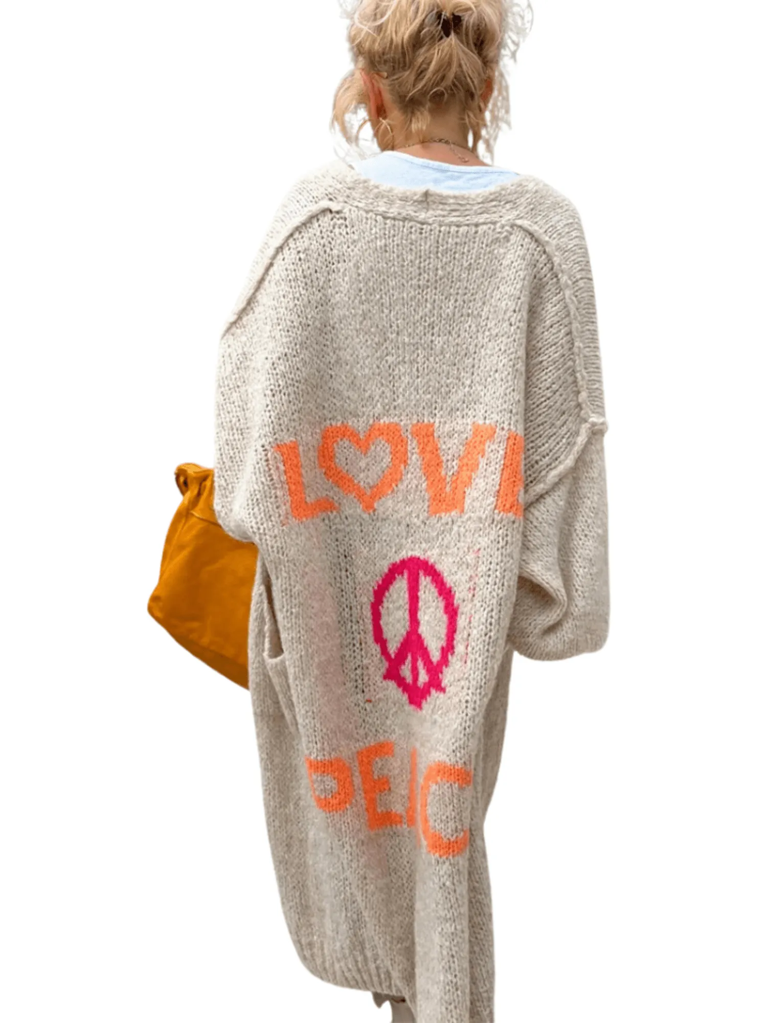 Knitted Cardigan Women's Love Peace Cardigan Loose Long Outerwear Y2K Sweater Coat Soft Cover Up Fashion Streetwear