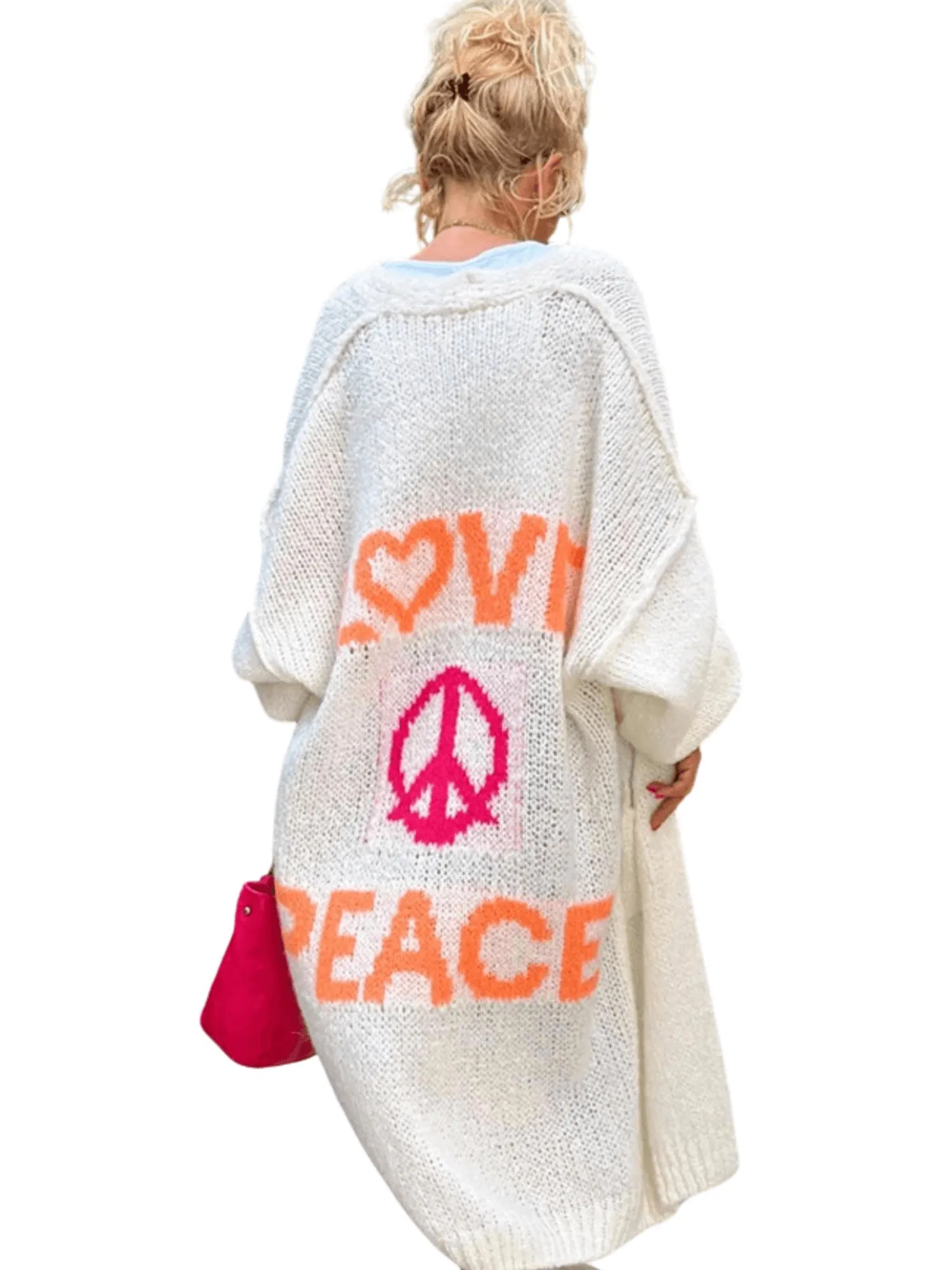 Knitted Cardigan Women's Love Peace Cardigan Loose Long Outerwear Y2K Sweater Coat Soft Cover Up Fashion Streetwear