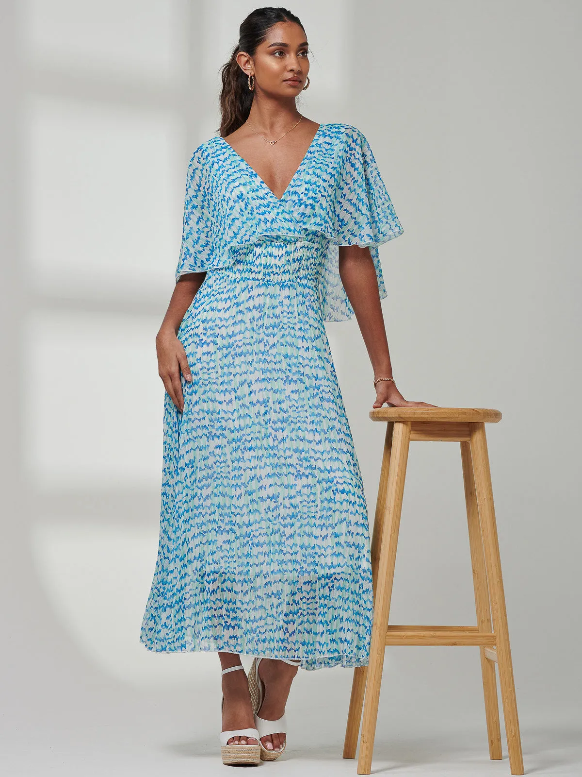 Kyra Pleated Chiffon Maxi Dress, Blue Abstract