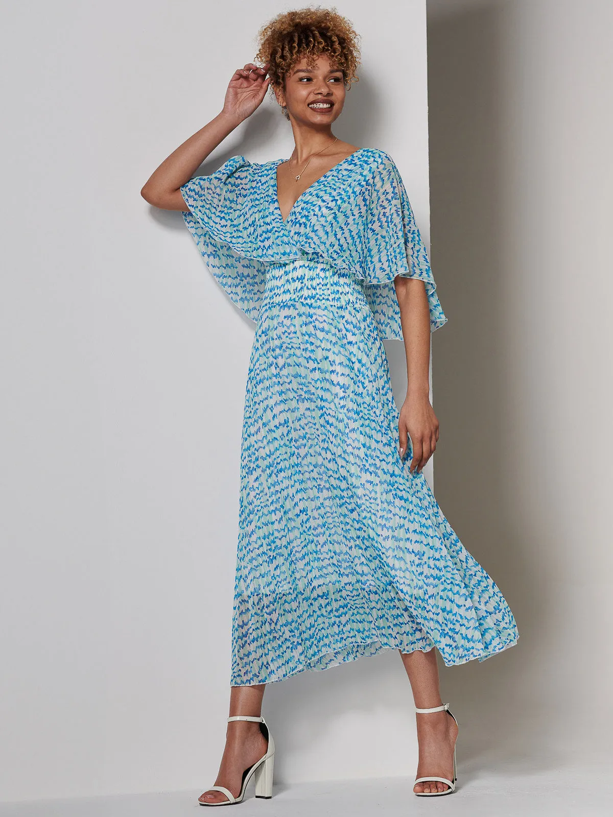 Kyra Pleated Chiffon Maxi Dress, Blue Abstract