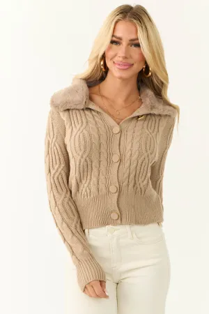 Latte Faux Fur Collar Cable Knit Cardigan