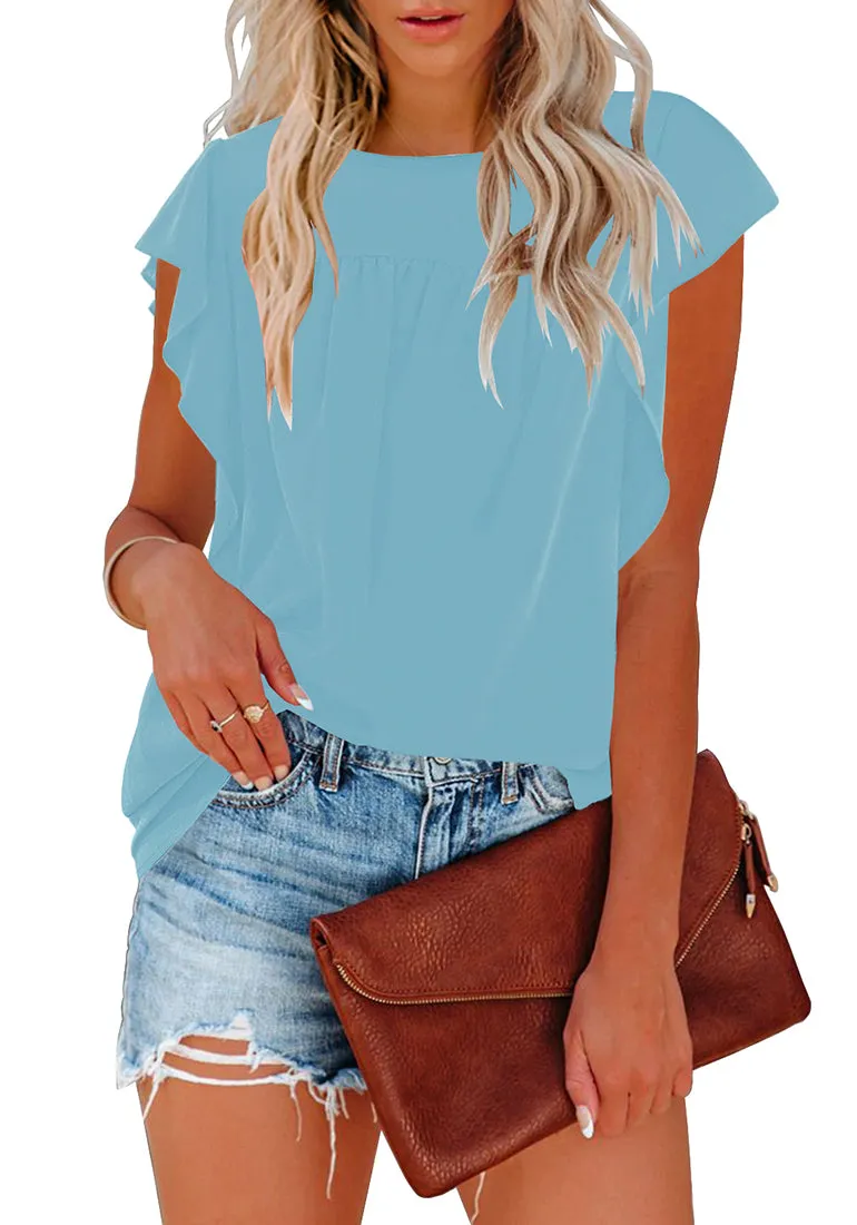 Light Blue Short Ruffle Sleeves Crew Neck Pleated Loose Top