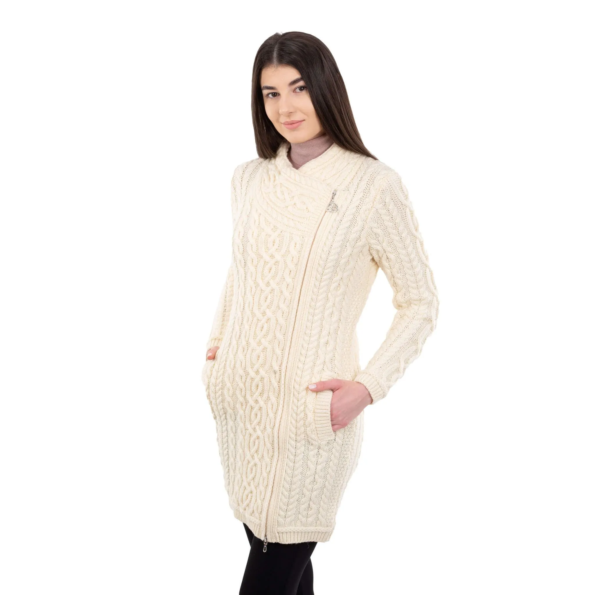 Long Merino Wool Aran Zipper Cardigan