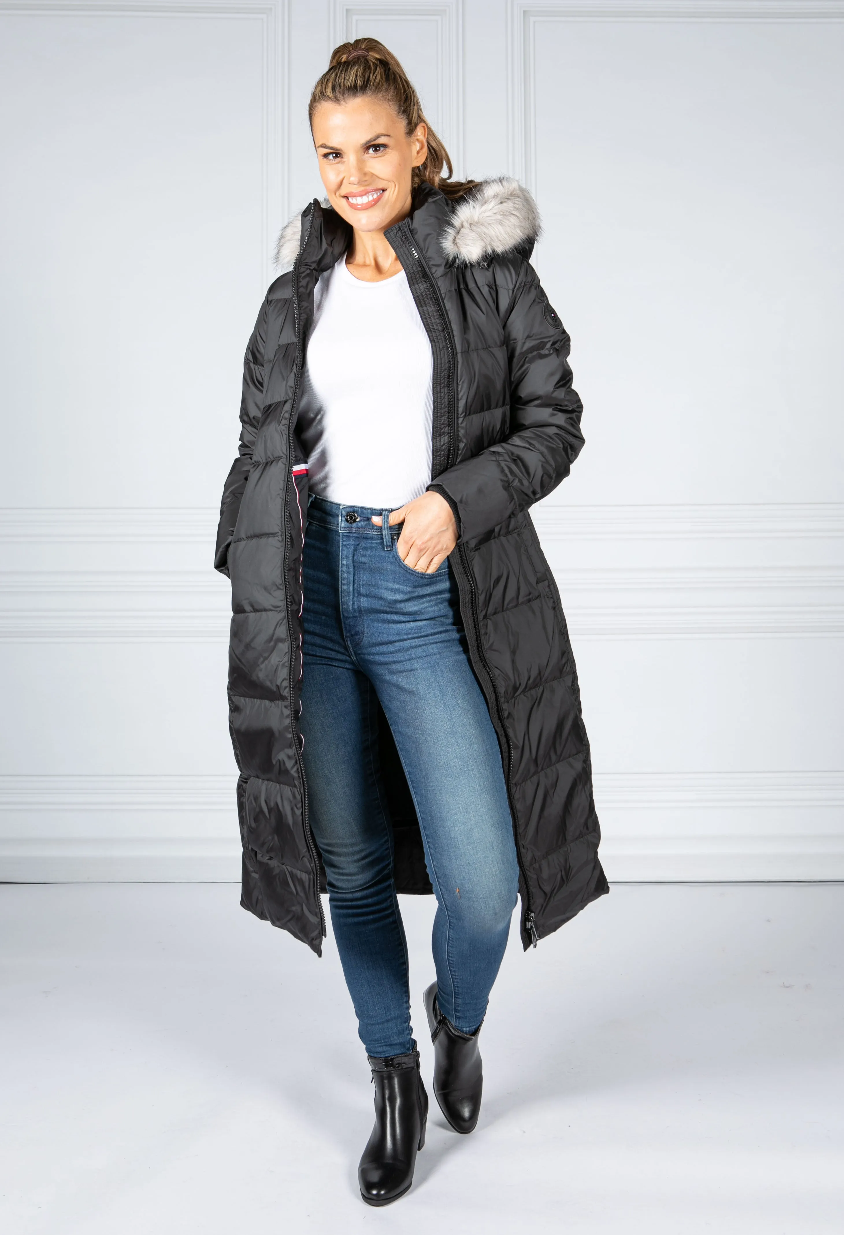 Long Quilted Down Feather Coat with Faux Fur Hood in Black