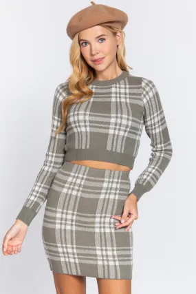 Long Slv Check Crop Sweater