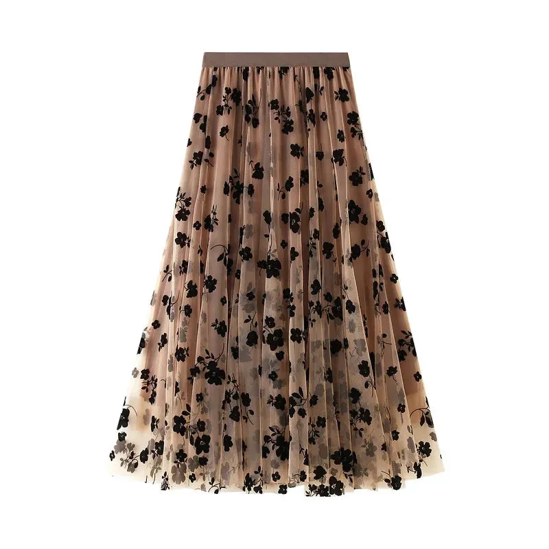 Long Tulle Skirt Women Vintage Butterfly Embroidery Elastic High Waist A-Line Mesh Pleated Skirt Female Midi Skirt Faldas Jupe