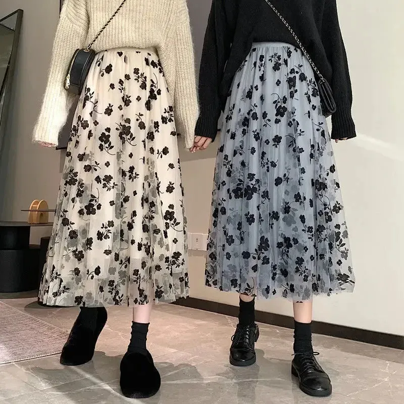 Long Tulle Skirt Women Vintage Butterfly Embroidery Elastic High Waist A-Line Mesh Pleated Skirt Female Midi Skirt Faldas Jupe