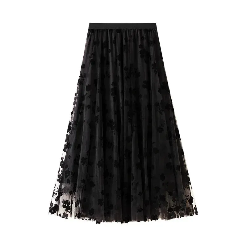 Long Tulle Skirt Women Vintage Butterfly Embroidery Elastic High Waist A-Line Mesh Pleated Skirt Female Midi Skirt Faldas Jupe