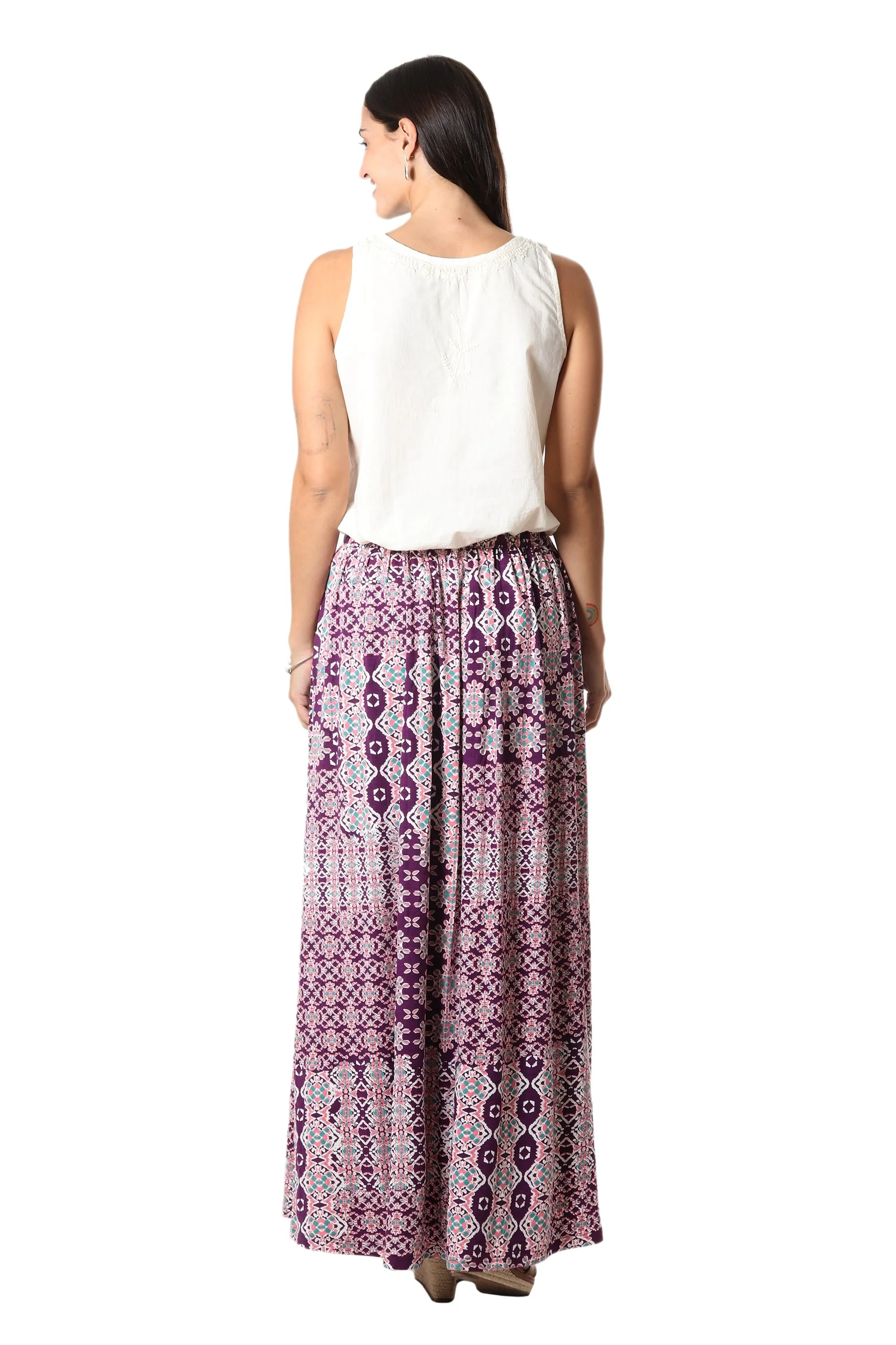 Long Viscose Print Skirt - Meena Bazaar in Purple | NOVICA