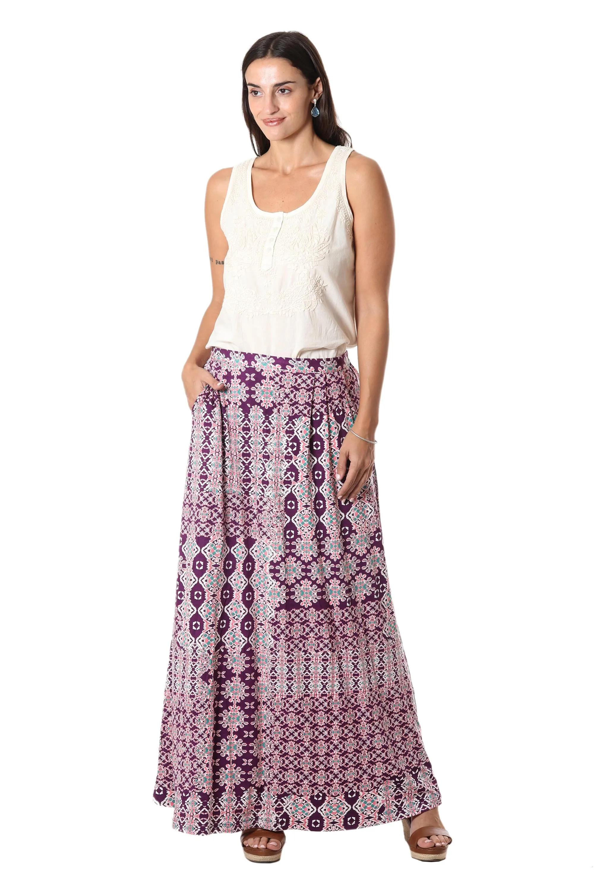 Long Viscose Print Skirt - Meena Bazaar in Purple | NOVICA