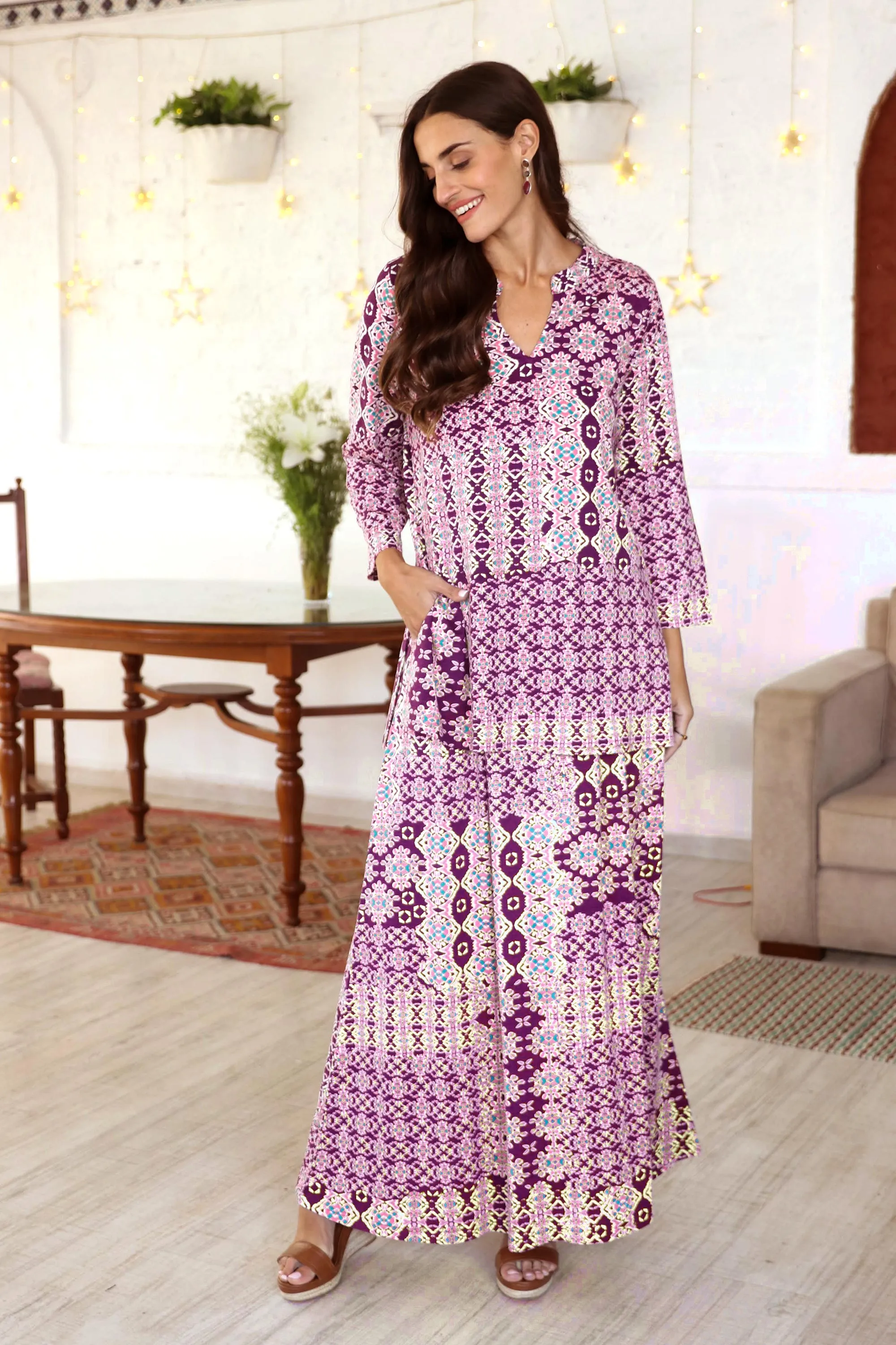 Long Viscose Print Skirt - Meena Bazaar in Purple | NOVICA