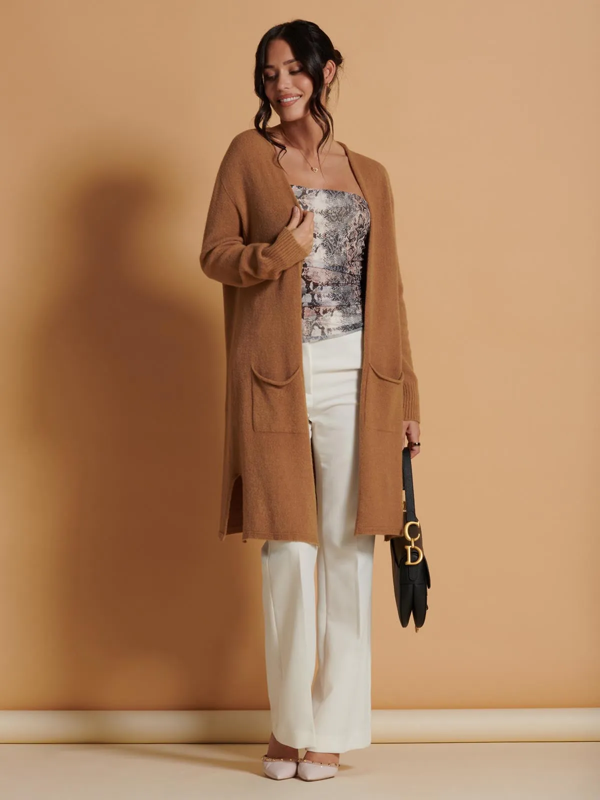 Longline Soft Knitted Cardigan, Camel