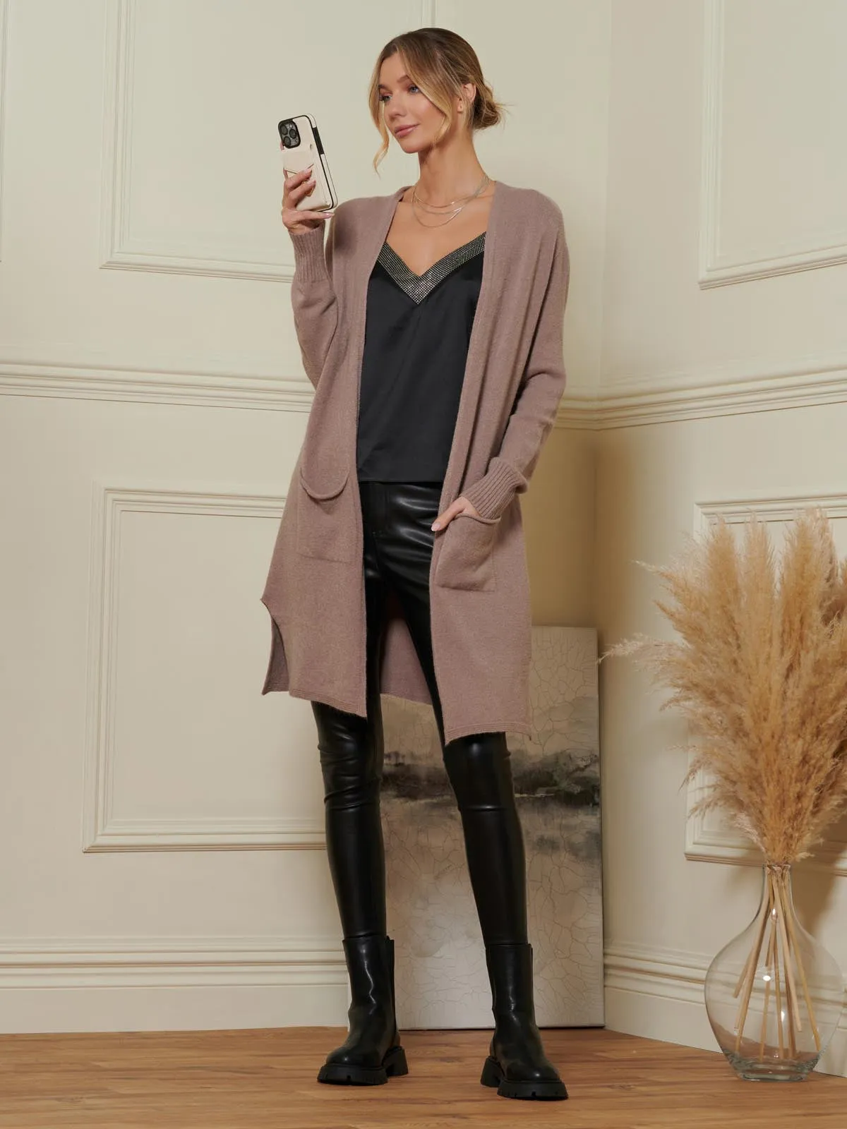 Longline Soft Knitted Cardigan, Mocha