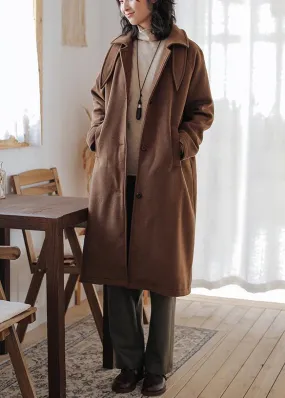 Luxury brown wool coat for woman oversize pockets Notched Coats