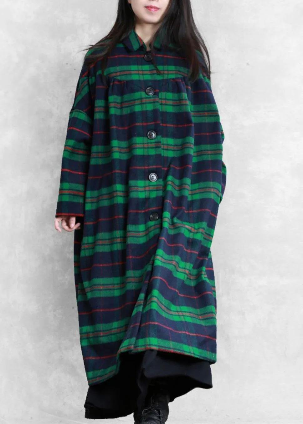 Luxury green plaid wool coat for woman casual Coats women Notched pockets coats