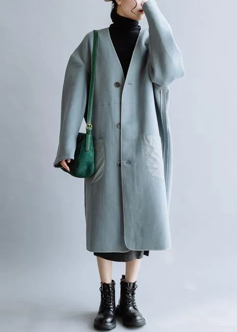 Luxury  oversize Coats winter  women coats blue v neck Button Down Woolen Coat