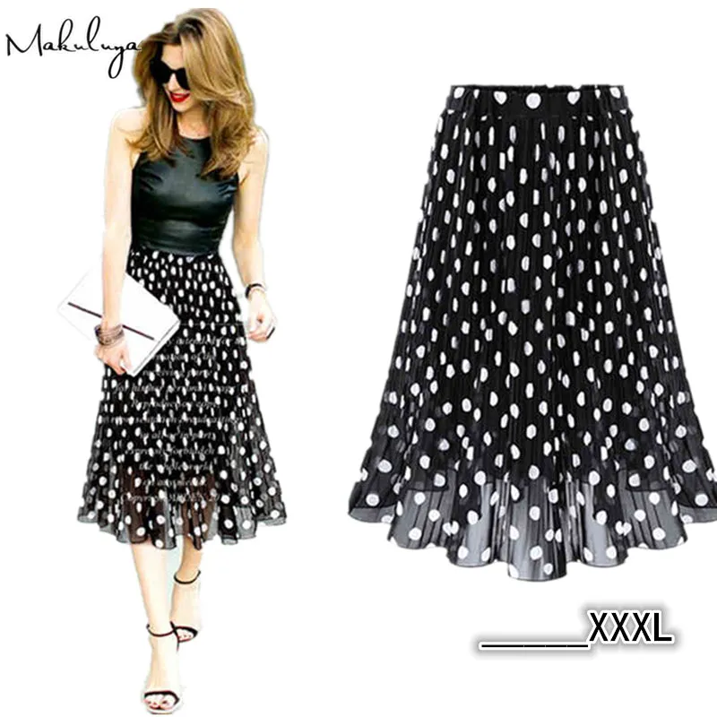 Makuluya 2017 Summer Spring Women Chiffon Polka Dot Skirt Female Black dots Elastic Waist Pleated Skirt Beach A-Line Plus Size