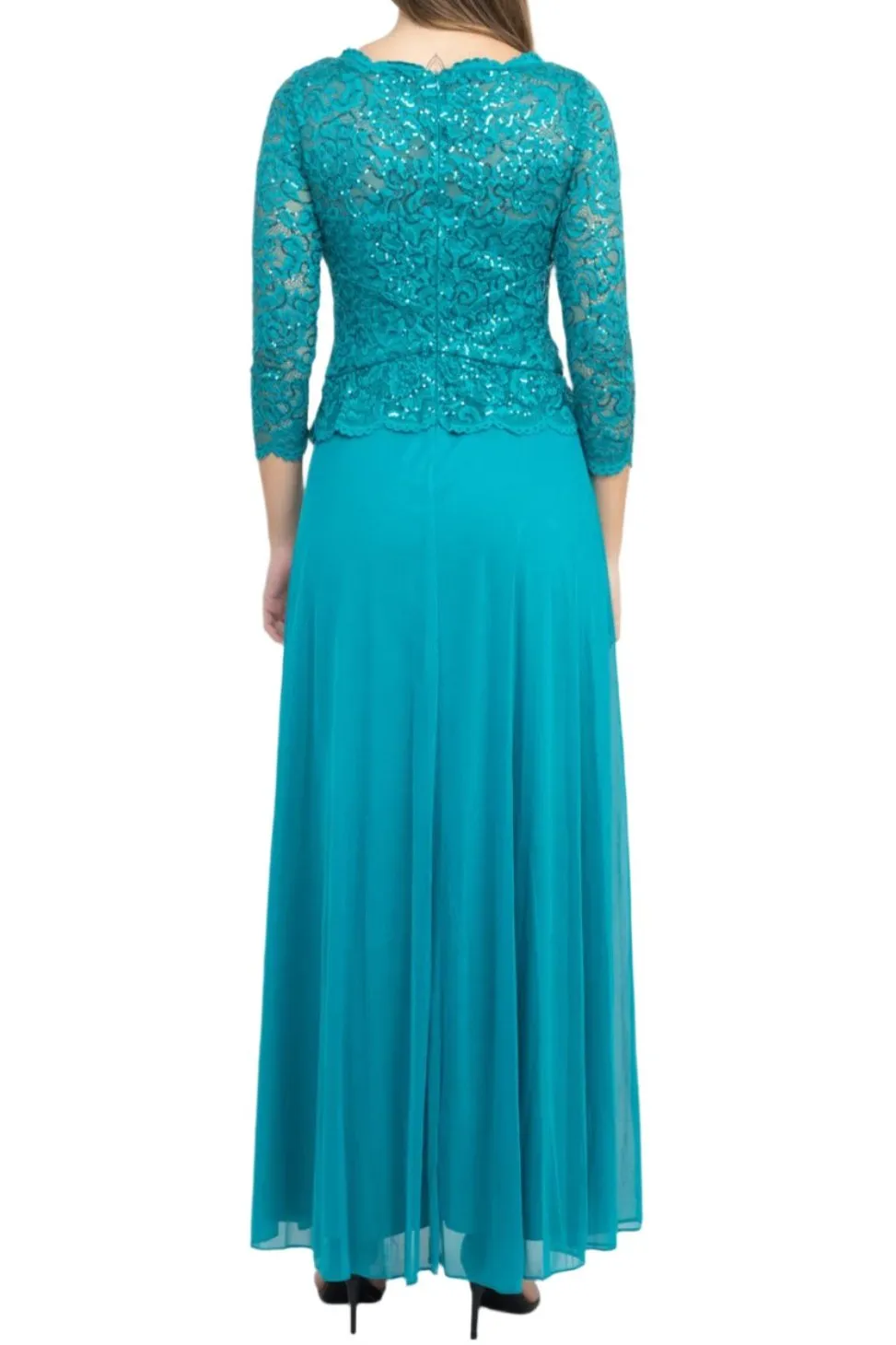 Marina Scalloped Neck 3/4 Sleeve Sequin Lace Bodice Pleated Broach Fit and Flare Chiffon Dress