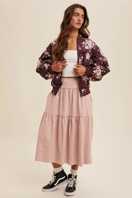 Mauve Suede Tiered Maxi Skirt with Back Bow Tie