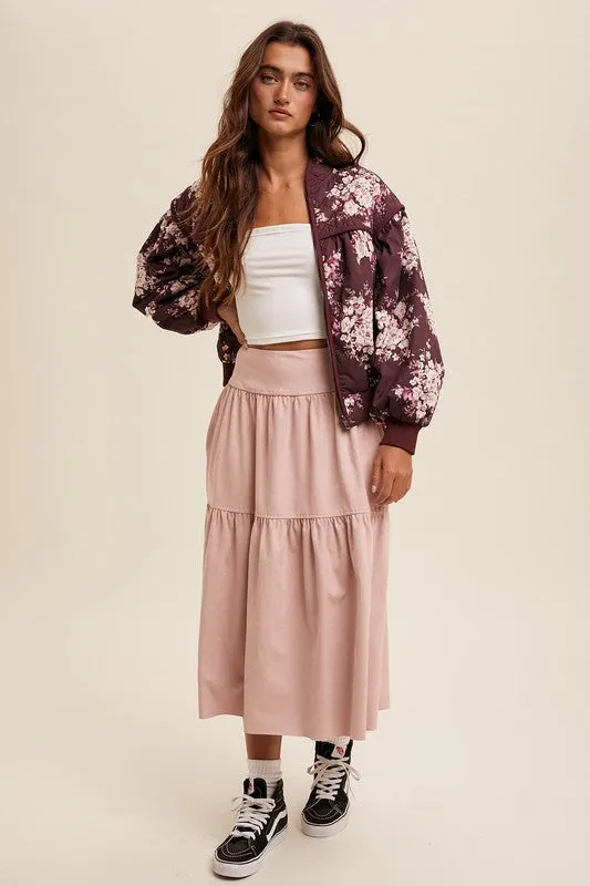 Mauve Suede Tiered Maxi Skirt with Back Bow Tie