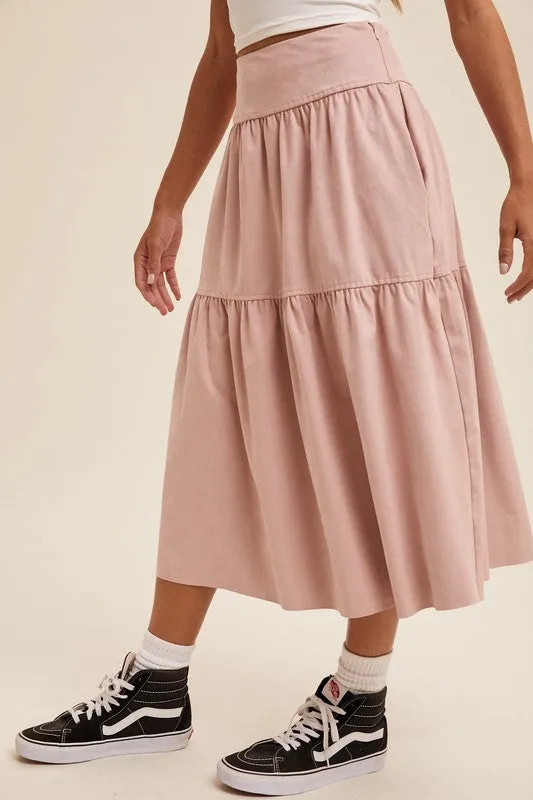 Mauve Suede Tiered Maxi Skirt with Back Bow Tie