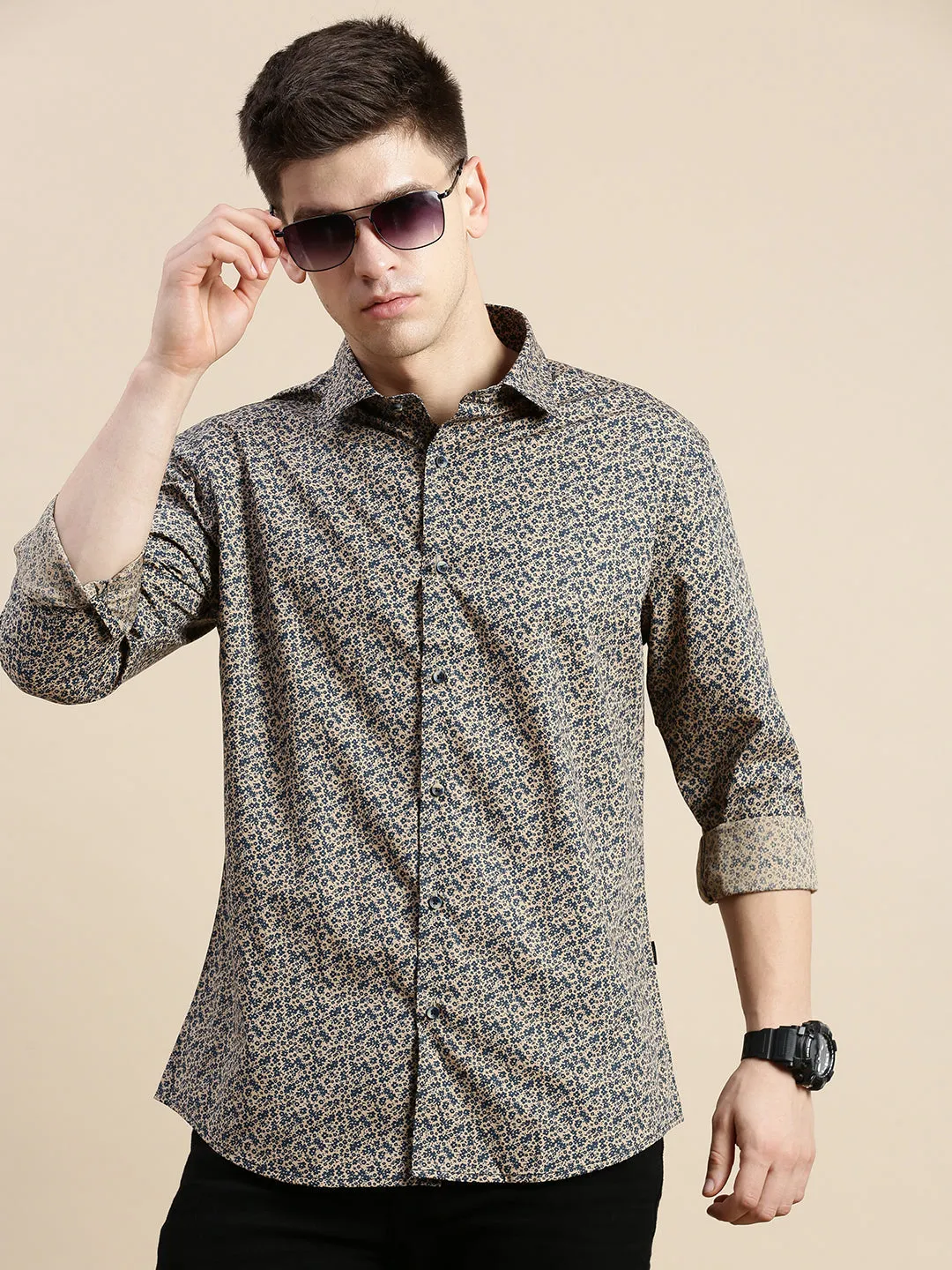 Men Beige Floral Casual Shirt